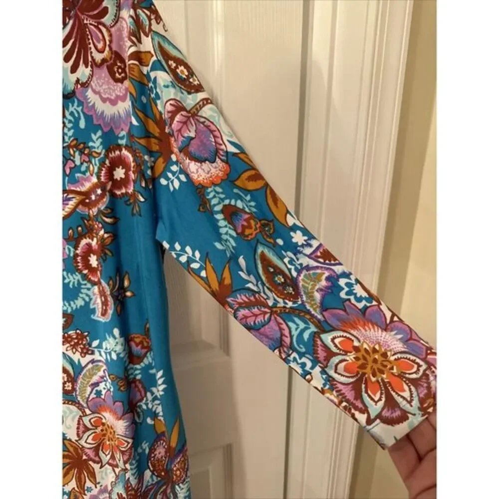 BOB MACKIE Wearable Art Size S Sheath Dress Blue Floral‎ 3/4 Sleeve NEW